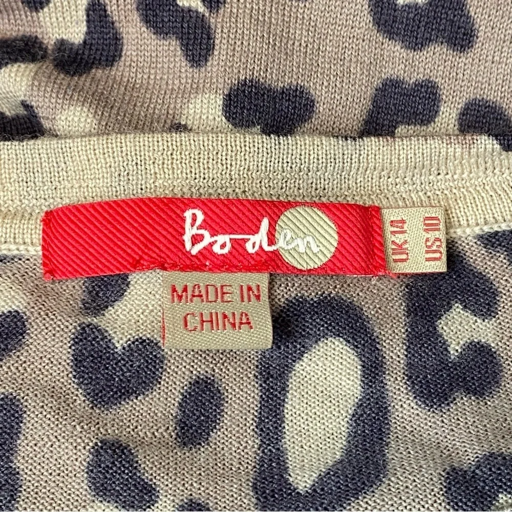 Boden Leopard Wool Button Front Crew Neck Cardigan Sweater